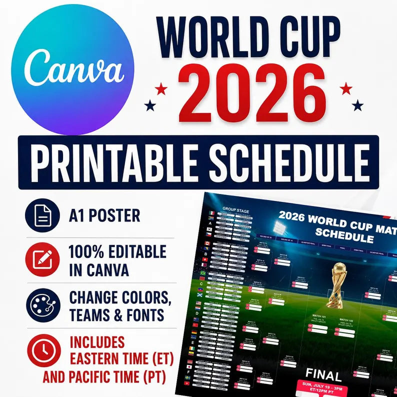 2PCS Football World Cup 2026 Poster Schedule Wall Chart