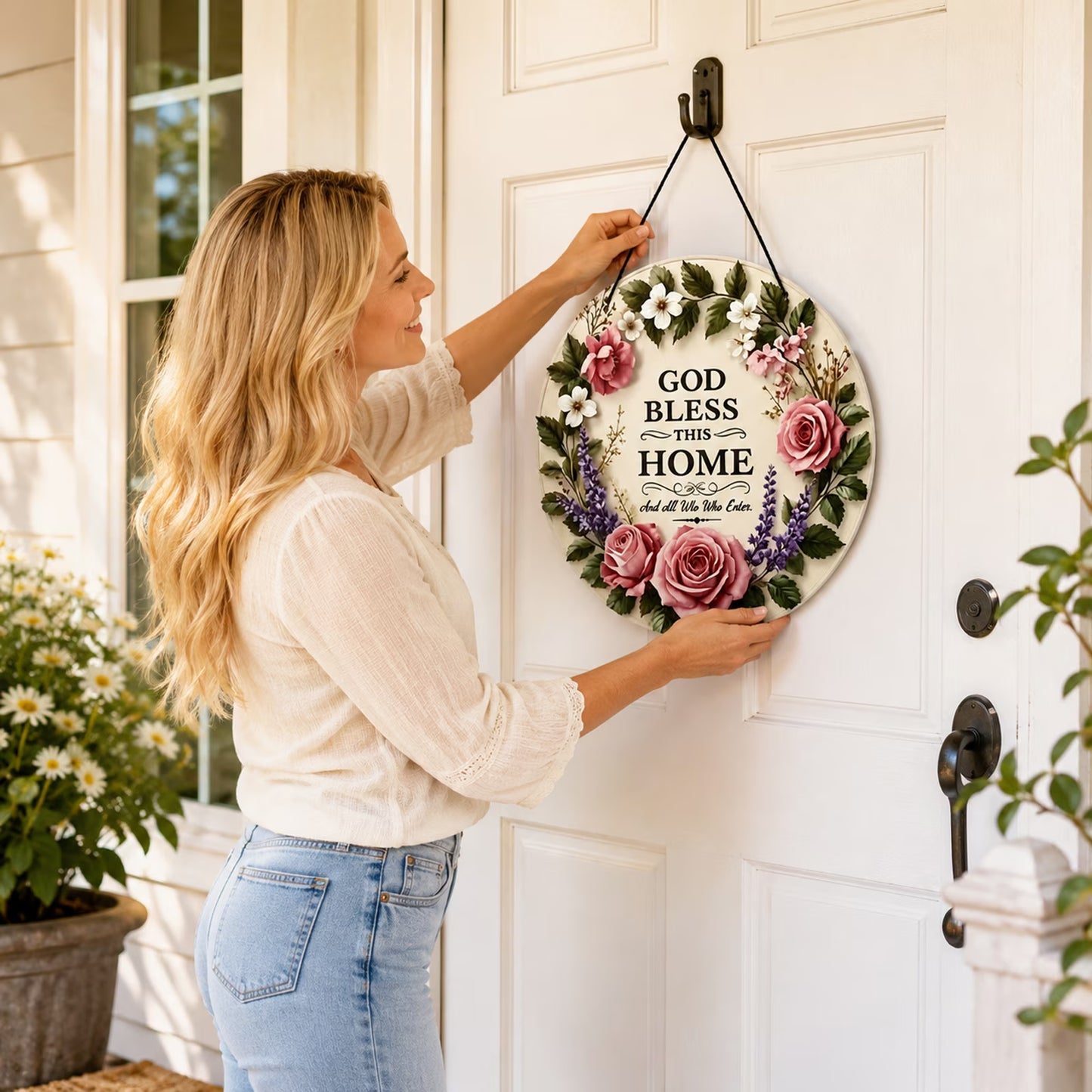 God Bless This Home Floral Round Door Sign