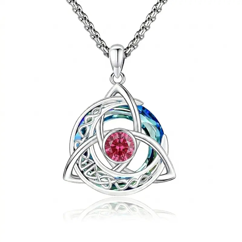 Women's Celtic Birthstone Necklace - Trinity Knot-Triquetra Crescent Moon Pendant
