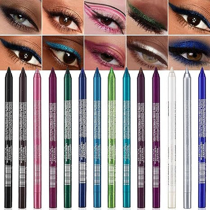 14-Pack Eyeliner Pencil Waterproof Colored Gel Liners with Metallic & Shimmer Finishes Smudge-Proof