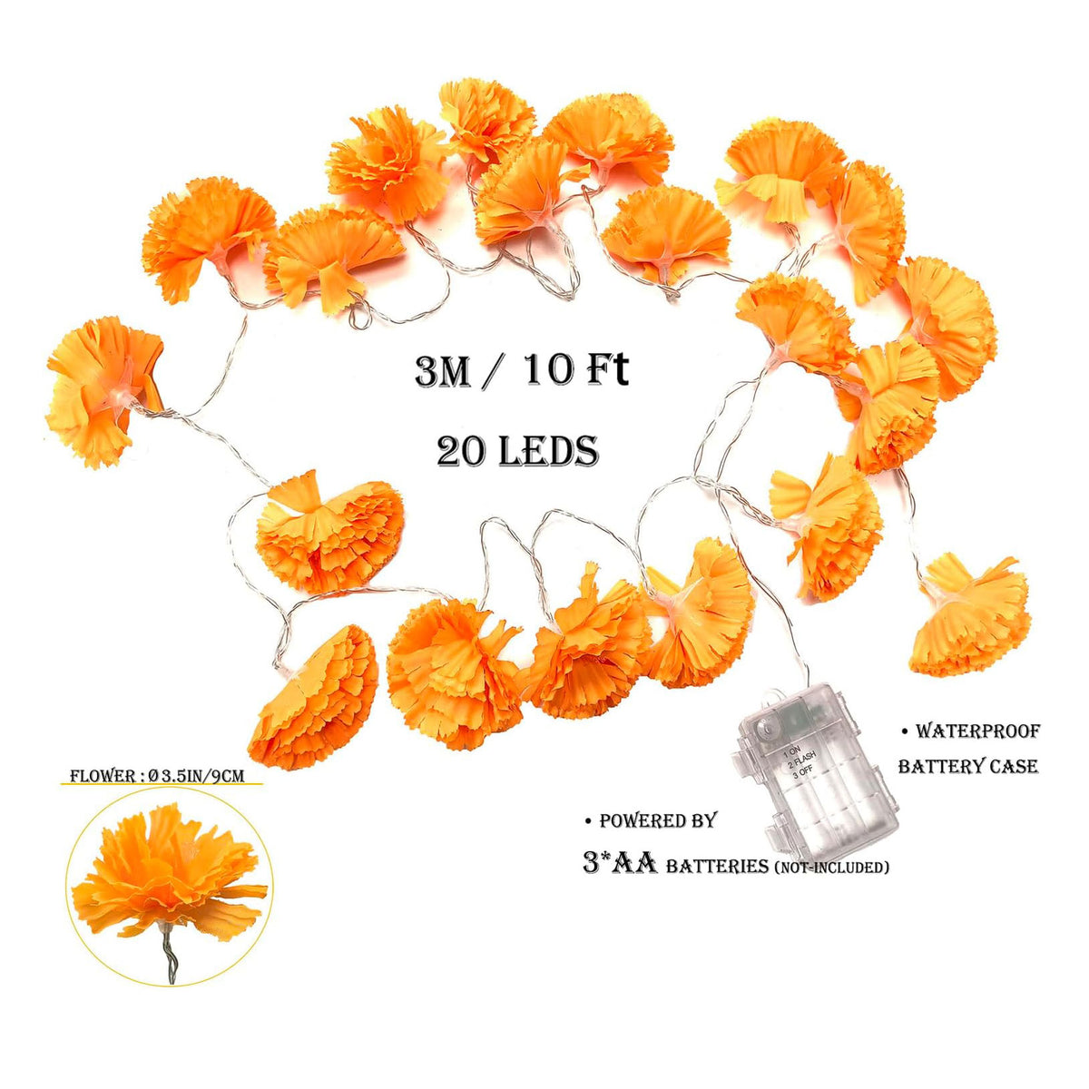 Marigold Garland Lights String for Day of The Dead Decorations 10ft 20 Led