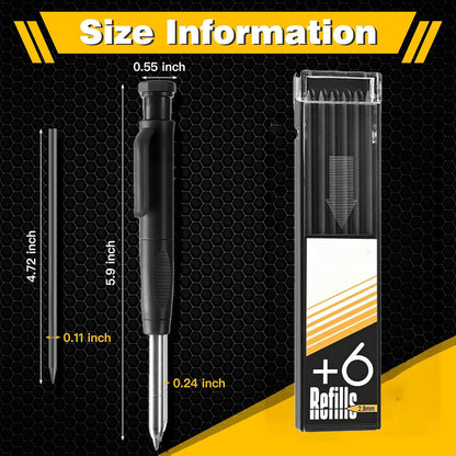 Mechanical Carpenter Pencil Set with Built-in Sharpener, 2.8mm Deep Hole Marker, for Woodworking, Construction, Metal Scribing, 1 Pencil & 6 Refills