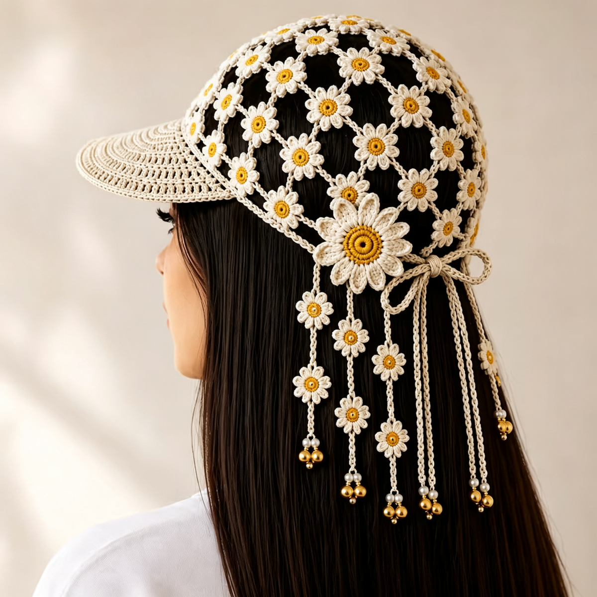 Handmade Crochet Sunflower Tassel Bell Hat