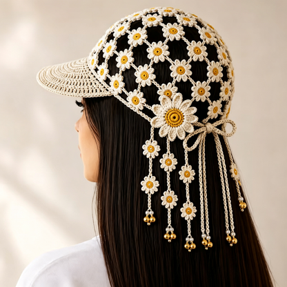 Handmade Crochet Sunflower Tassel Bell Hat