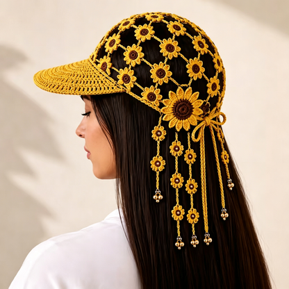 Handmade Crochet Sunflower Tassel Bell Hat