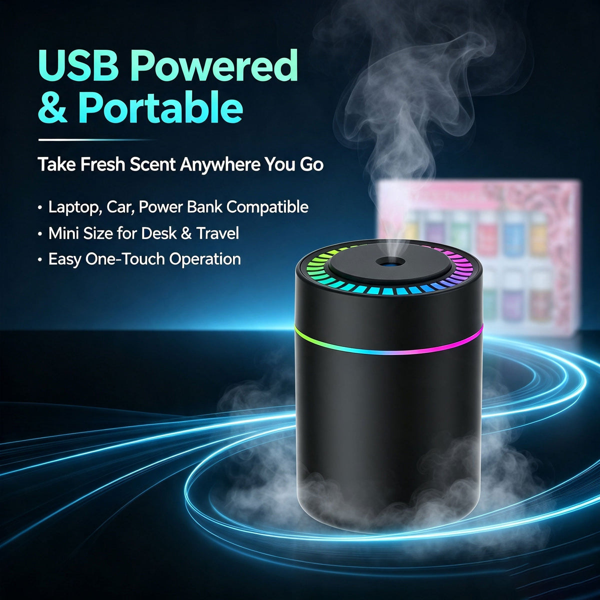 Portable Color-Changing LED Humidifier with 12-Piece Essential Oil Set
