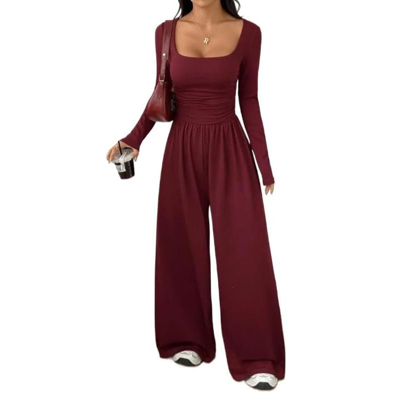 Womens Square Neck Long Sleeve Jumpsuit Ruched Wide Leg Outfits