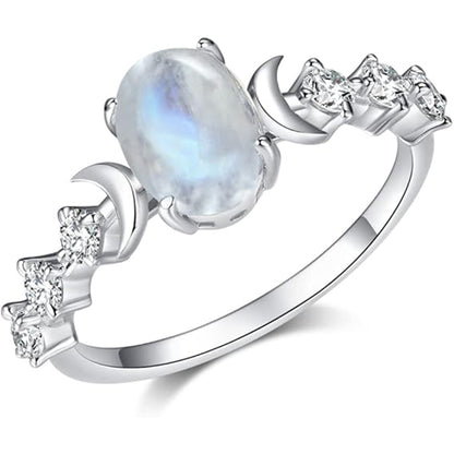 Genuine Moonstone Ring Oval Moonstone Cubic Zirconia Statement Band Finger Minimalist Ring