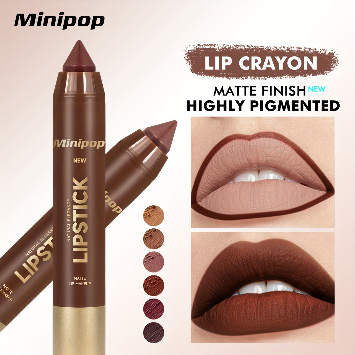Set of 6 matte creamy lip crayons, long-lasting finish