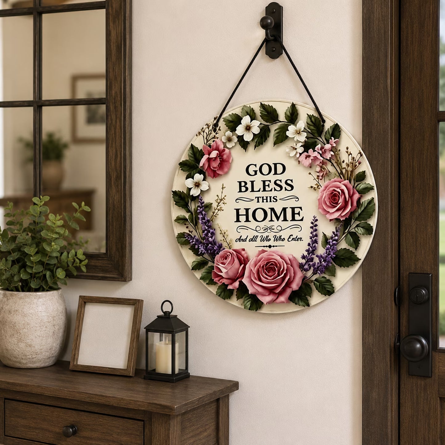 God Bless This Home Floral Round Door Sign