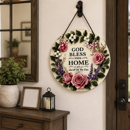 God Bless This Home Floral Round Door Sign