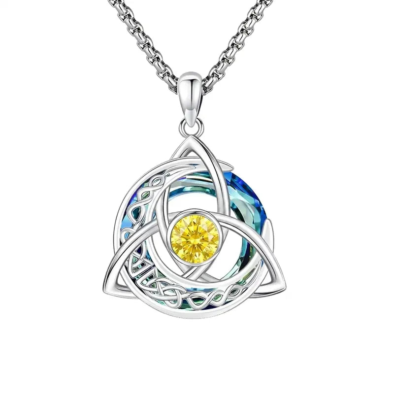 Women's Celtic Birthstone Necklace - Trinity Knot-Triquetra Crescent Moon Pendant