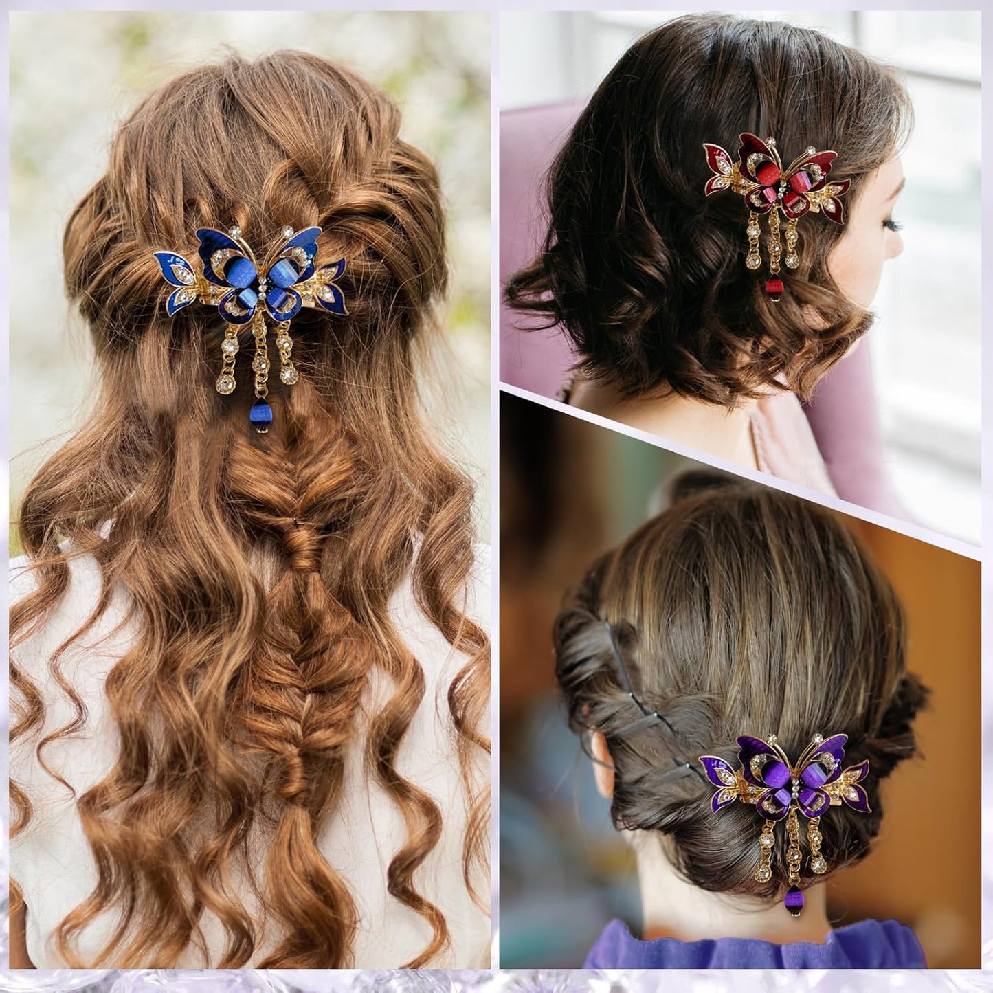3PCS Bohemian Butterfly Tassel Hair Clips with Rhinestones