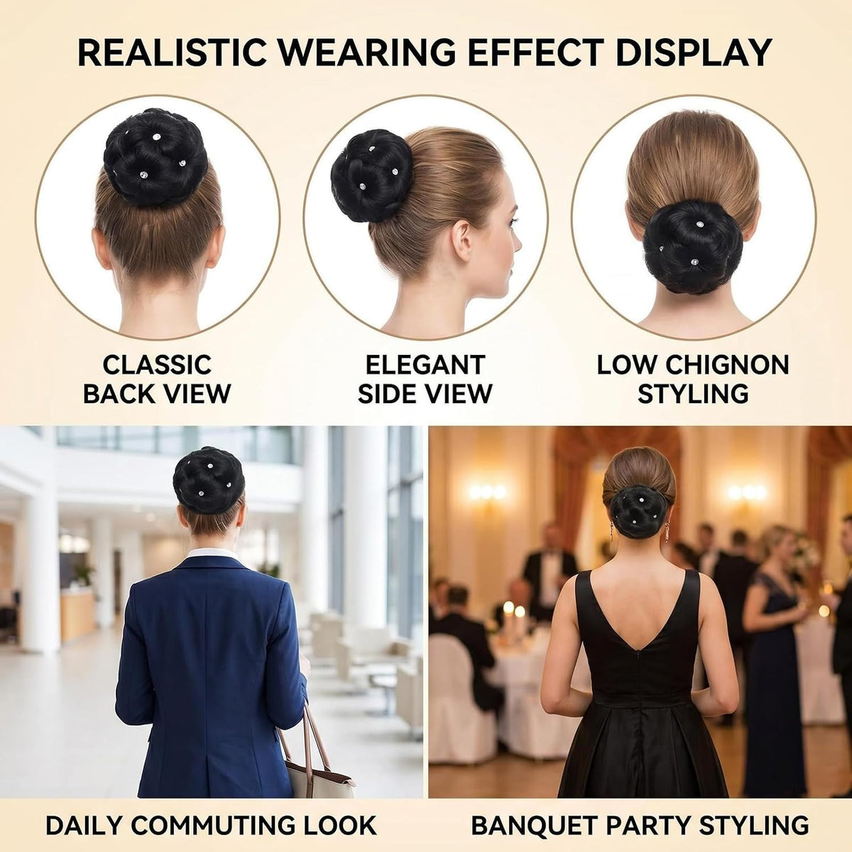 Women's clip-on hair bun with rhinestone-accented synthetic claw clip