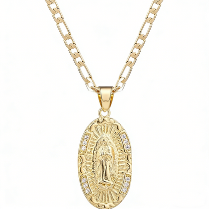 Guadalupe Virgin Mary Oval Zircon Inlay Pendant Necklace for Women Men