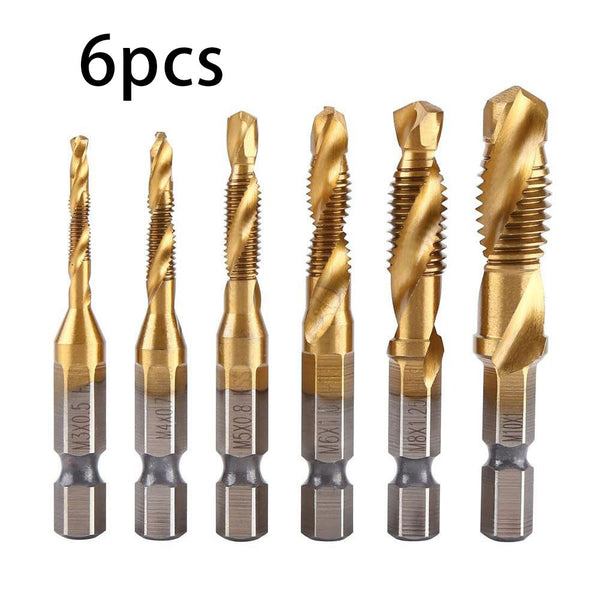 6pcs HSS Combination Drill and Tap Set - 1/4 Inch Hex Shank Screw Tapping Bit Titanium Coated Tap Drill Bit M3 M4 M5 M6 M8 M10