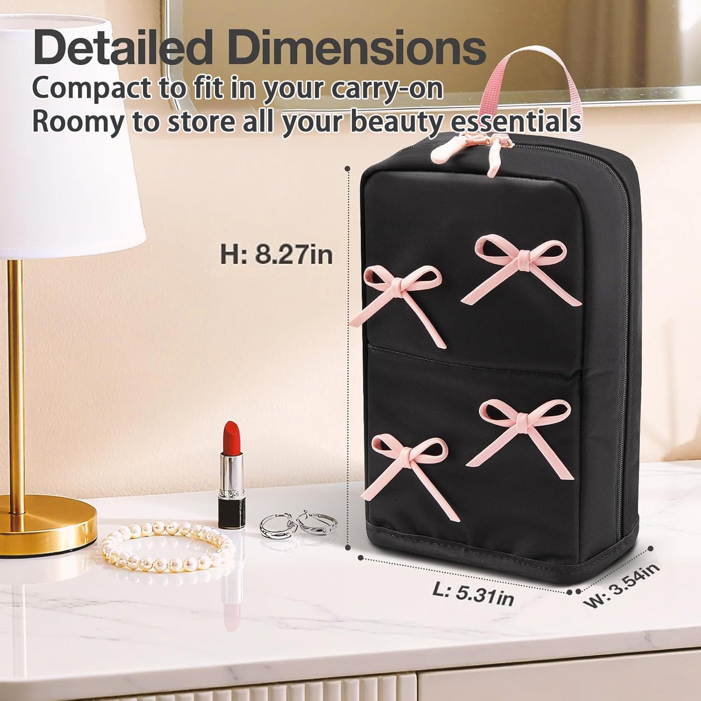 Small Black Waterproof Stand Up Travel Makeup Bag with Brush Compartment & Elastic Holders