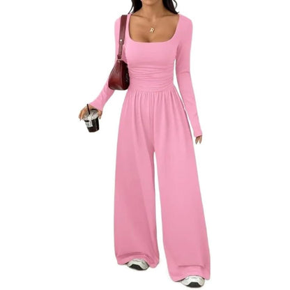 Womens Square Neck Long Sleeve Jumpsuit Ruched Wide Leg Outfits