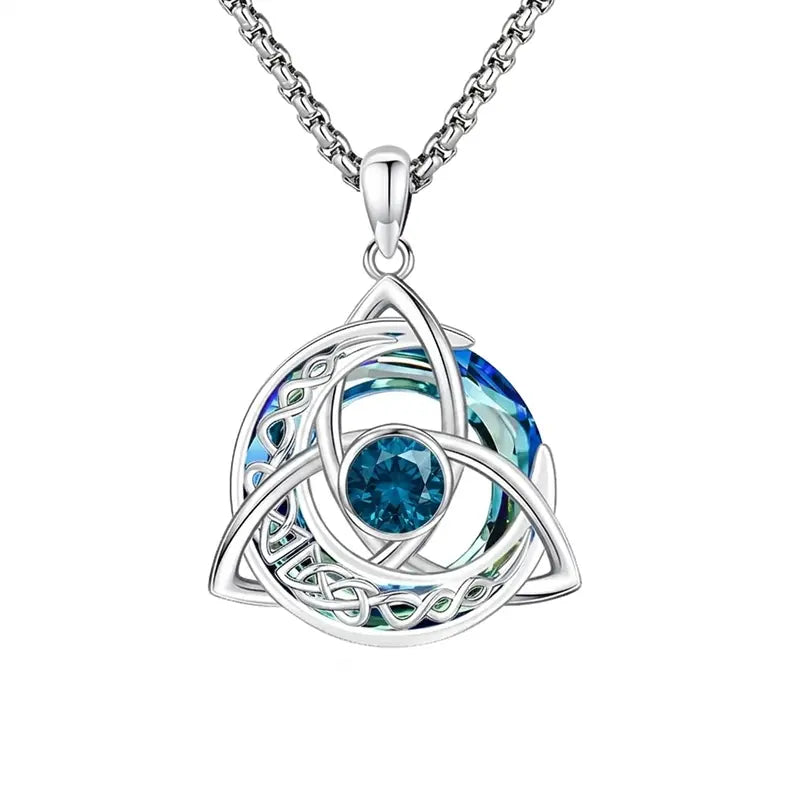 Women's Celtic Birthstone Necklace - Trinity Knot-Triquetra Crescent Moon Pendant