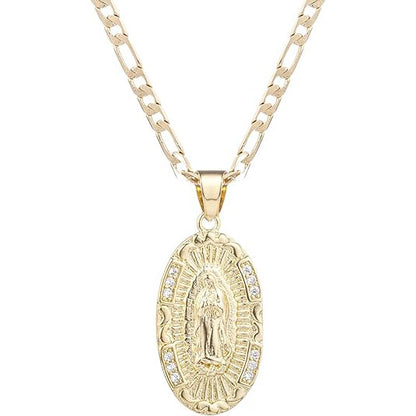 Guadalupe Virgin Mary Oval Zircon Inlay Pendant Necklace for Women Men