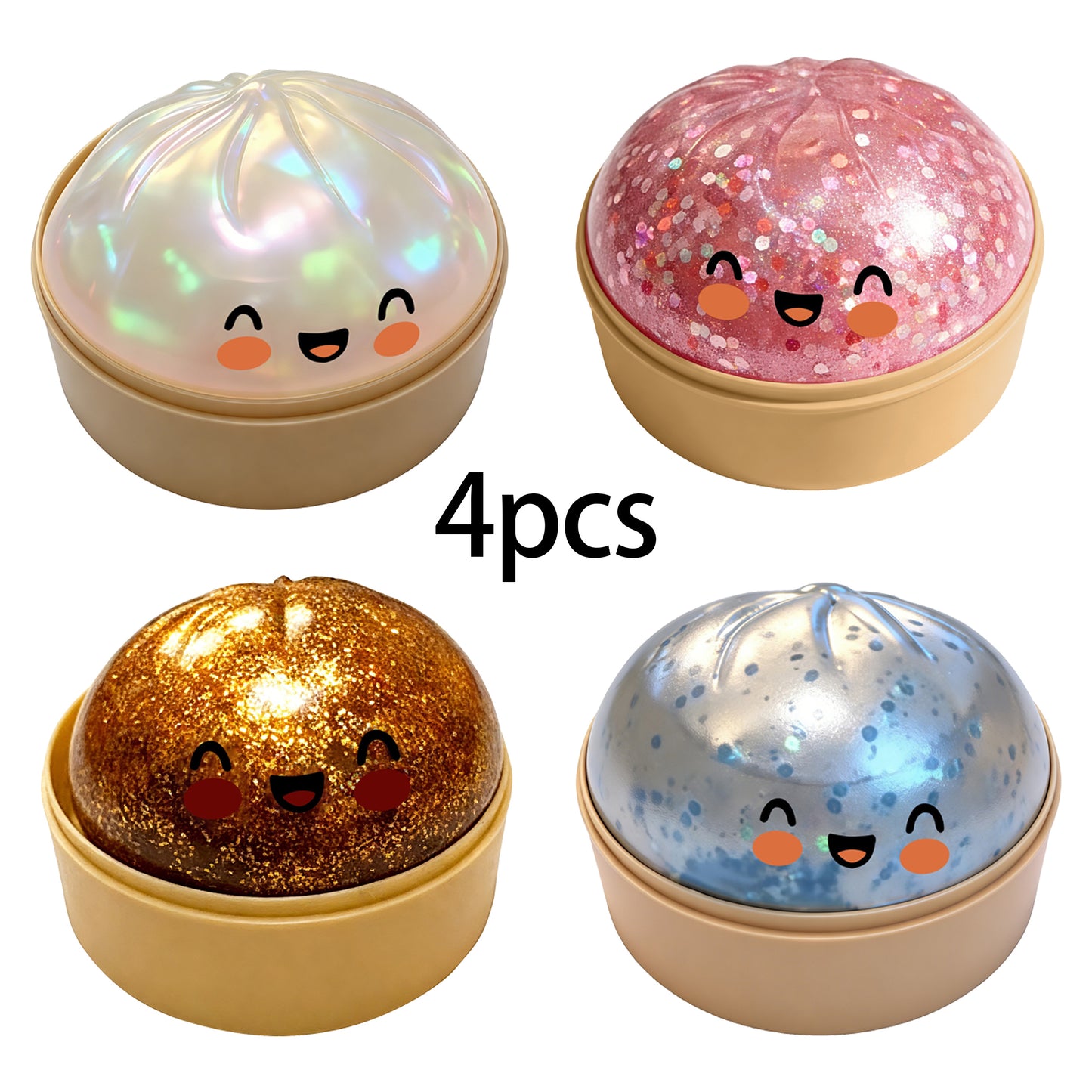 4pcs Glitter Dumpling Squishy with Steamer Box, Slow Rising Soft TPR Fidget Toy