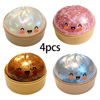 4pcs Glitter Dumpling Squishy with Steamer Box, Slow Rising Soft TPR Fidget Toy