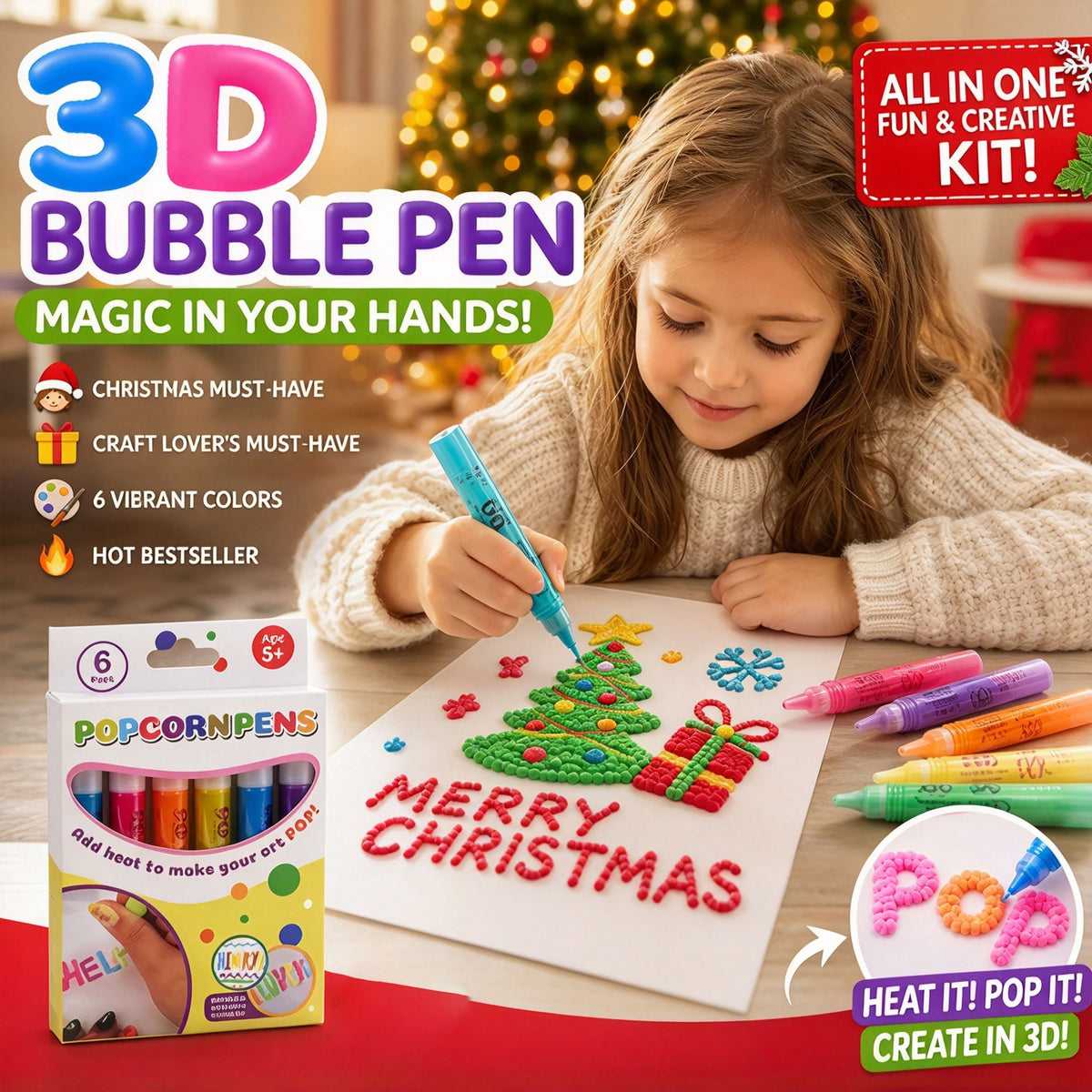 Magic Pen – Draw 3D with one stroke!🎄 DIY Bubble Popcorn Drawing Pens& Buy 1 Get 1 Free