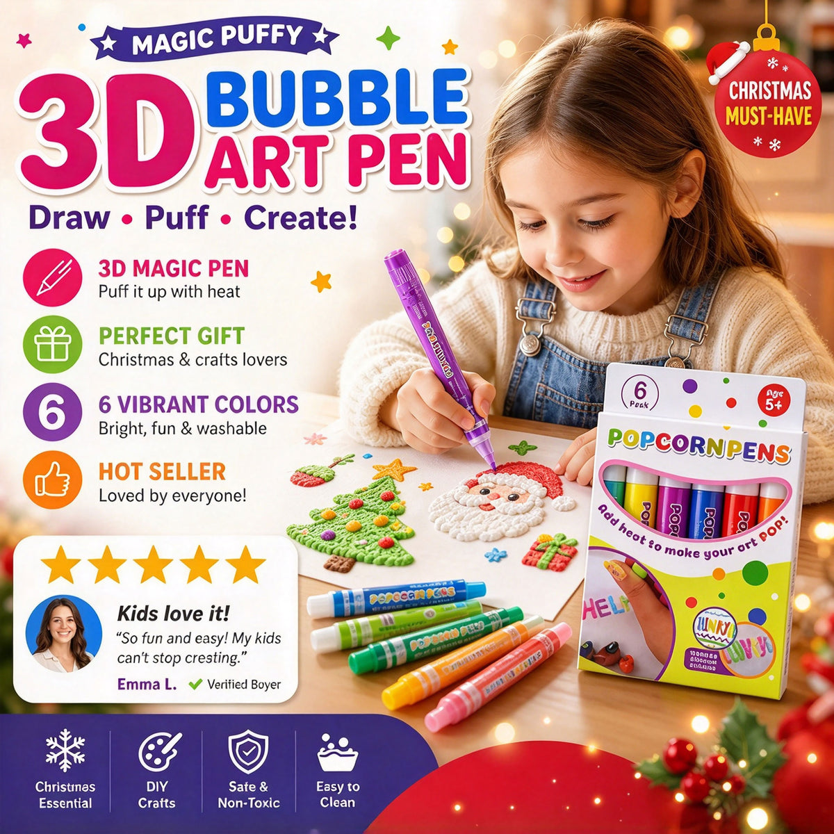 Magic Pen – Draw 3D with one stroke!🎄 DIY Bubble Popcorn Drawing Pens& Buy 1 Get 1 Free