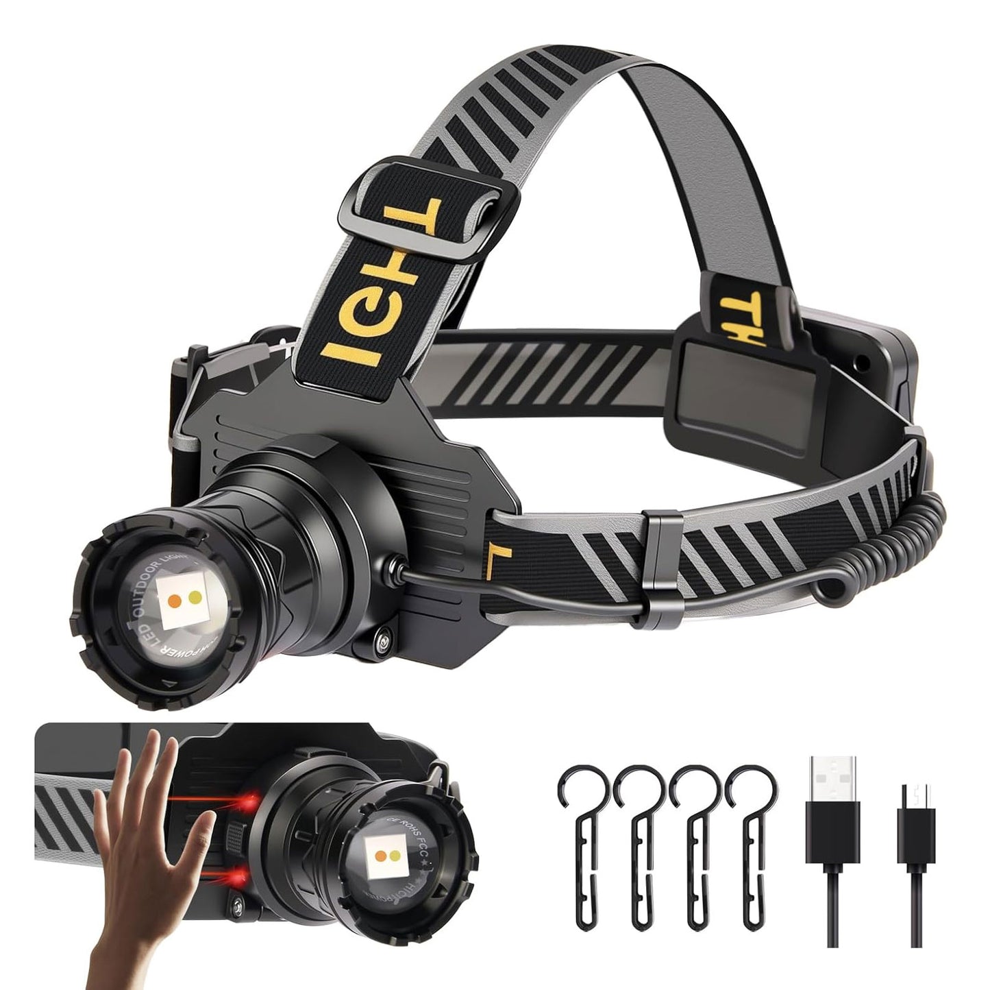 Rechargeable LED Headlamp with Motion Sensor, 5000L, USB C Power, Bank Function