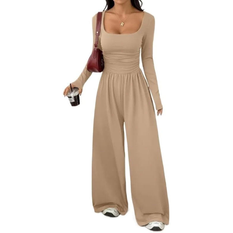 Womens Square Neck Long Sleeve Jumpsuit Ruched Wide Leg Outfits