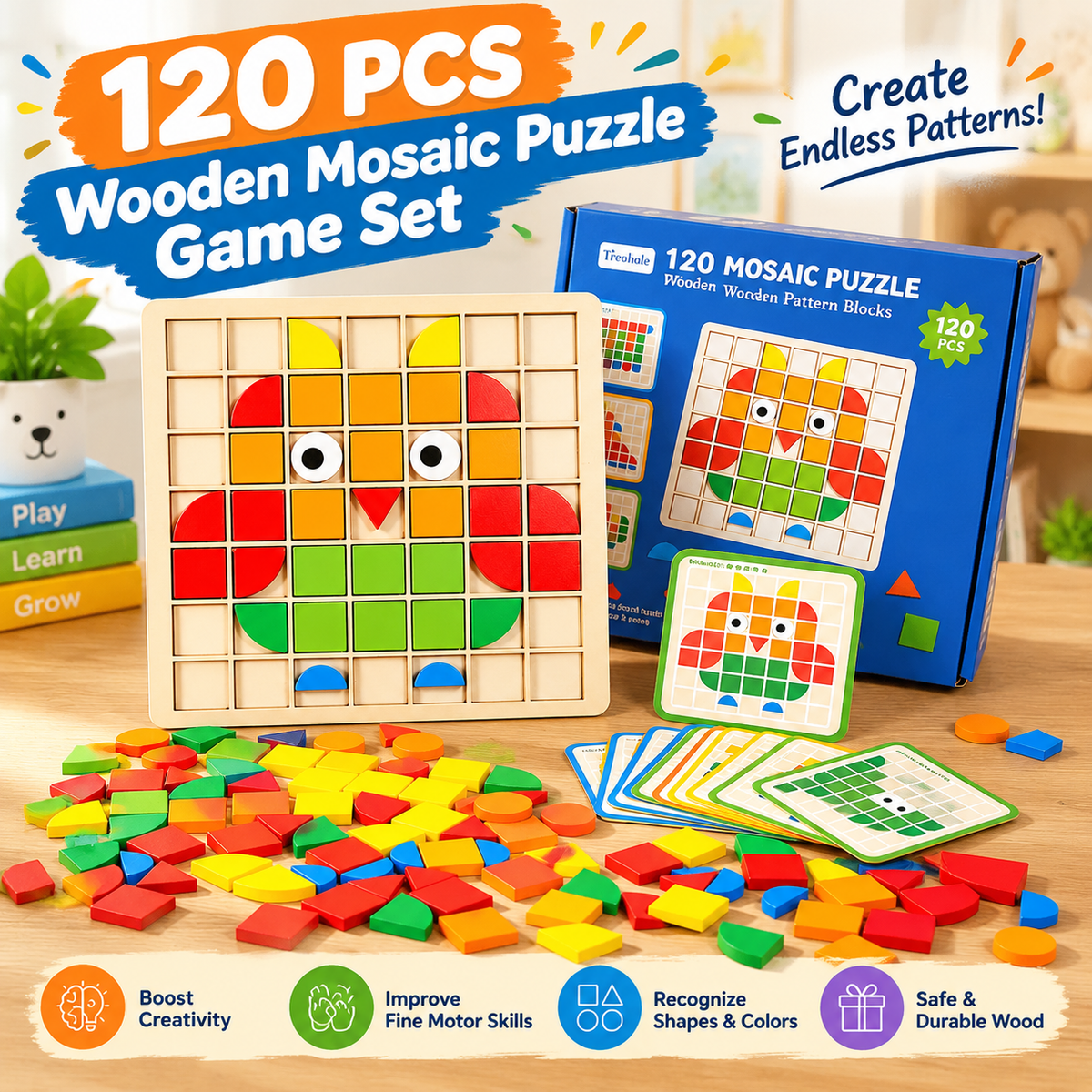 120PCS Wooden Mosaic Puzzle Game - Montessori Beginner Puzzle