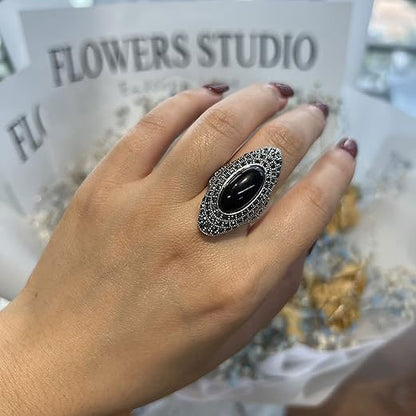 Antique Silver Big Black Marcasite & Crystal Onyx Stone Ring for Women
