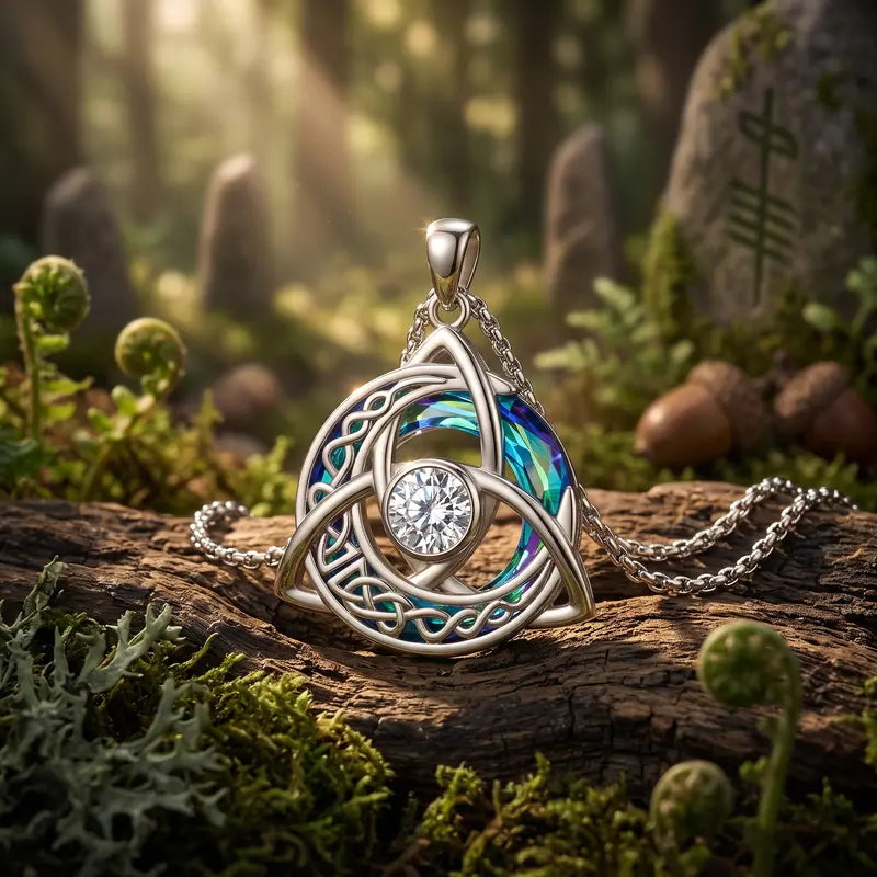 Women's Celtic Birthstone Necklace - Trinity Knot-Triquetra Crescent Moon Pendant