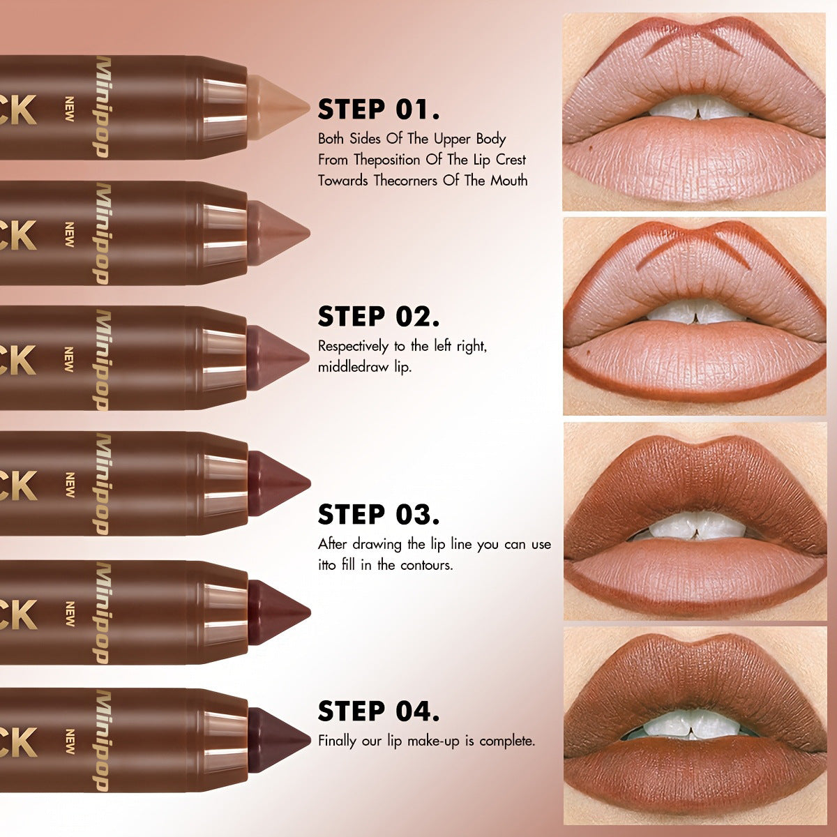 Set of 6 matte creamy lip crayons, long-lasting finish