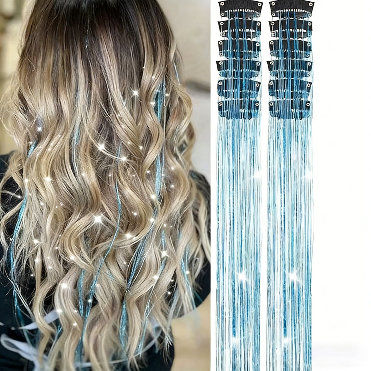 Clip in Hair Tinsel, 12 Pcs 20 Inch Colorful Glitter Hair Extensions Kit