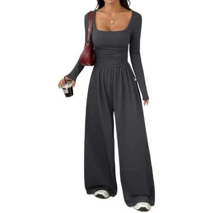 Womens Square Neck Long Sleeve Jumpsuit Ruched Wide Leg Outfits