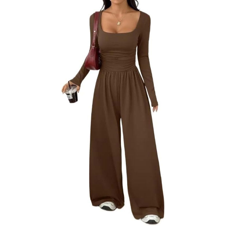 Womens Square Neck Long Sleeve Jumpsuit Ruched Wide Leg Outfits