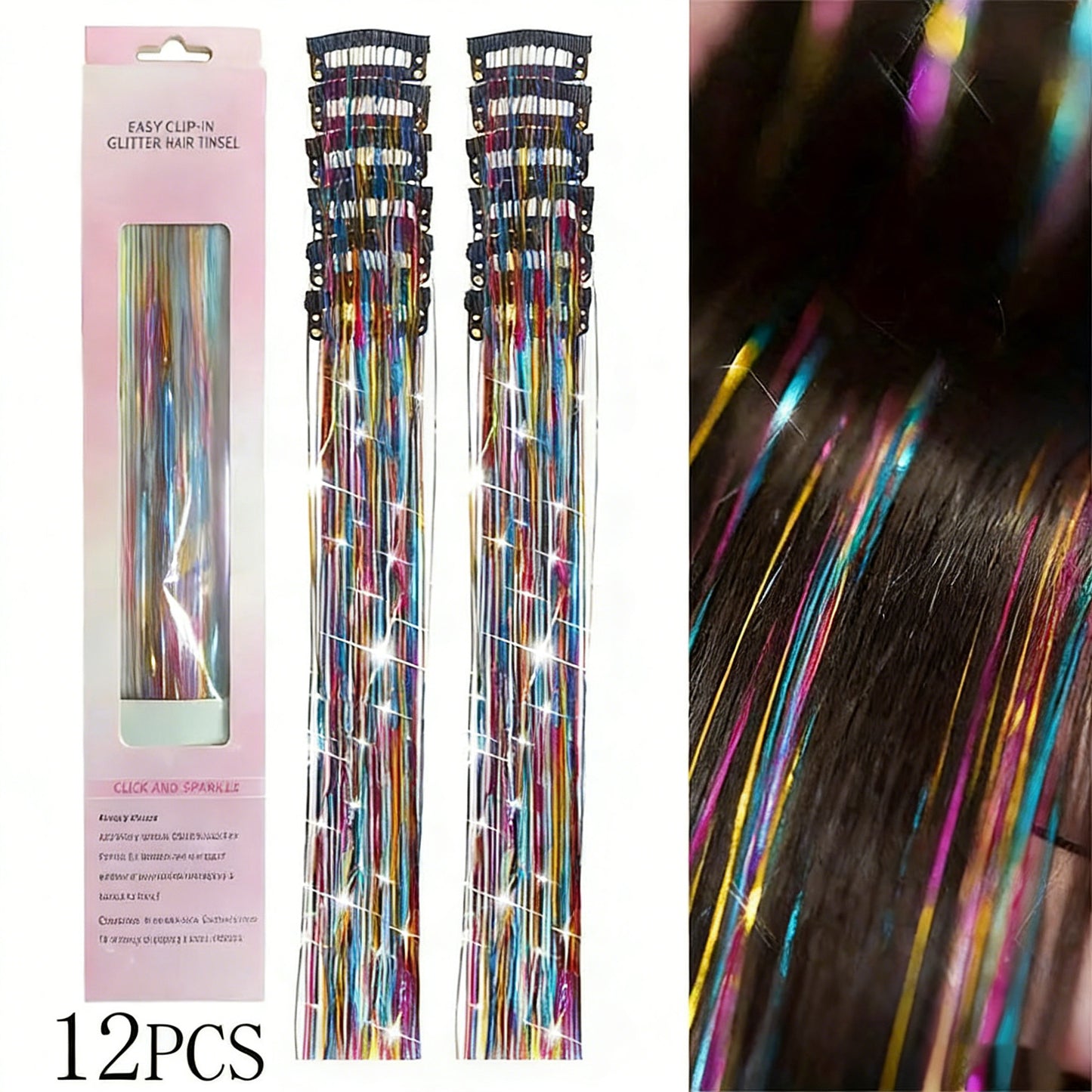 Clip in Hair Tinsel, 12 Pcs 20 Inch Colorful Glitter Hair Extensions Kit