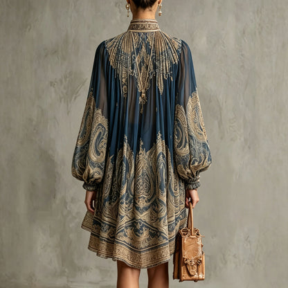 High-neck printed chiffon dress