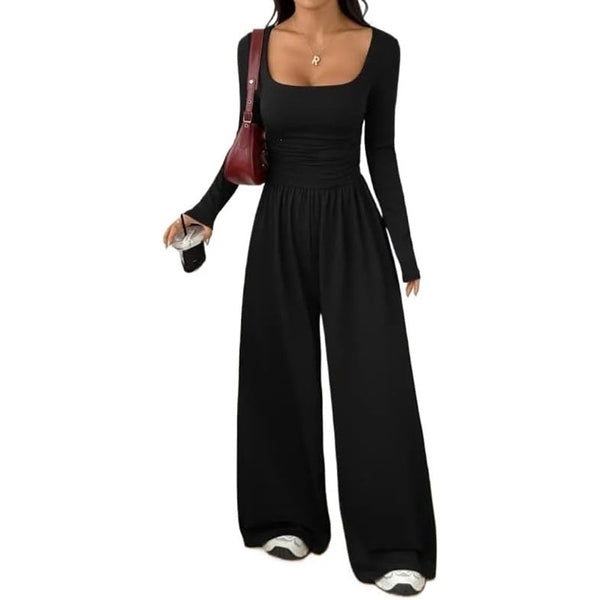 Womens Square Neck Long Sleeve Jumpsuit Ruched Wide Leg Outfits
