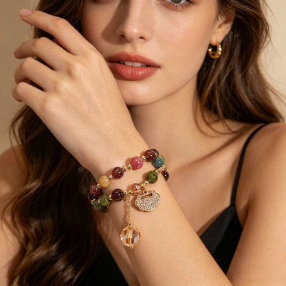 High-End Double Layer Rainbow Tourmaline Beads money Bracelet – Longevity Lock Charm