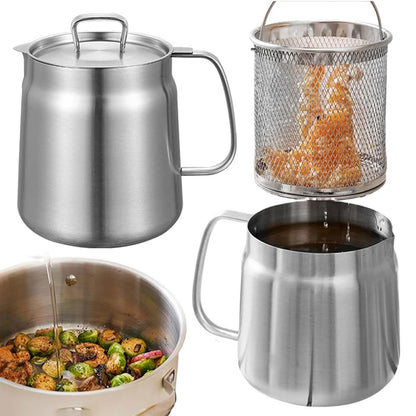 1.5L Stainless Steel Kitchen Pot Fryer Pan with Fine Mesh Filter & Fryer Basket - Large Capacity Multifunctional Oil Filter Tank Tools