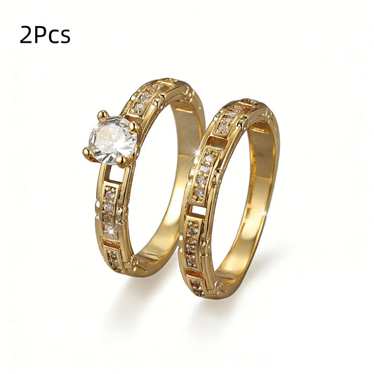 2Pcs Rhinestone Decor Ring Luxury Micro-set Cubic Zirconia Ring Set