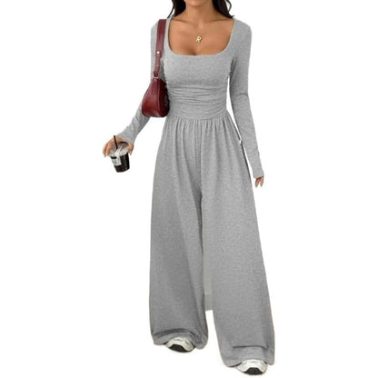 Womens Square Neck Long Sleeve Jumpsuit Ruched Wide Leg Outfits