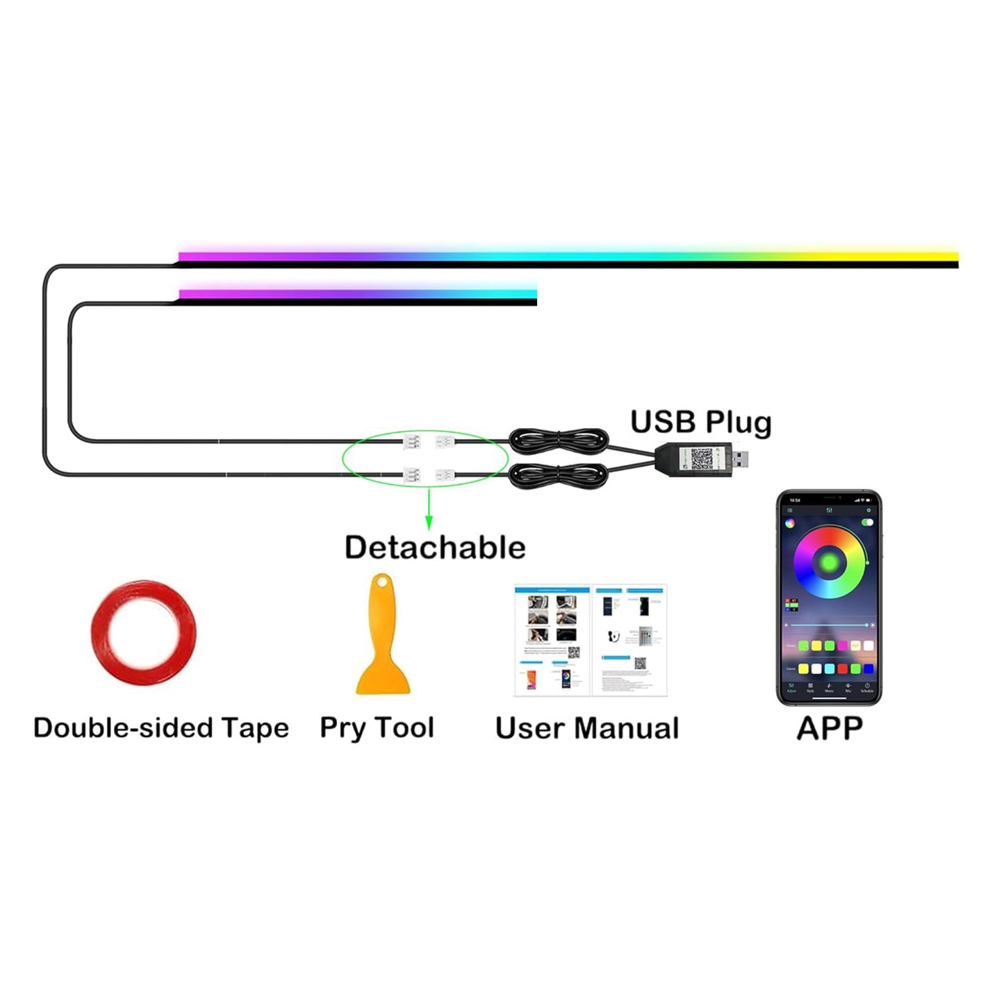 2 in 1 Interior Car LED Strip Lights, RGB Dynamic Dreamcolor Lights