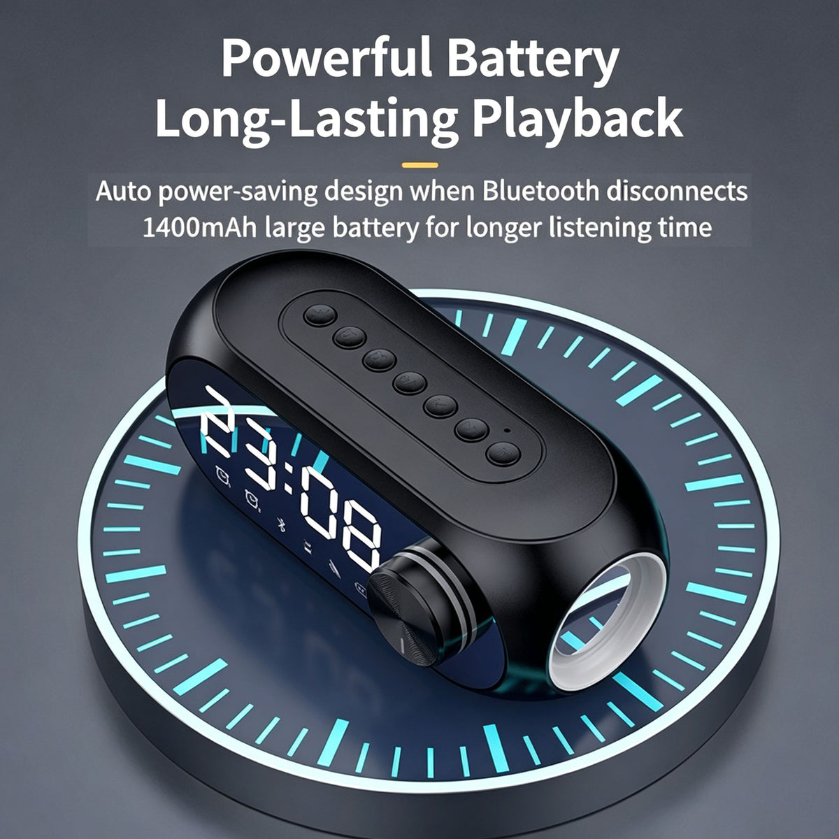 Mirror-finish alarm clock with temperature display and wireless Bluetooth speaker