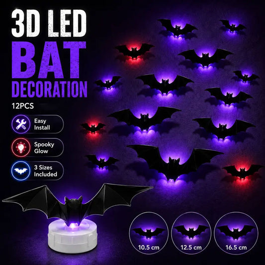12PCS 3D Bat Light LED Decorations, 12pcs Halloween Spooky Ornaments