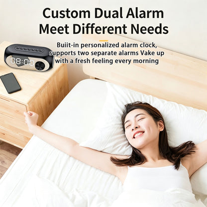 Mirror-finish alarm clock with temperature display and wireless Bluetooth speaker