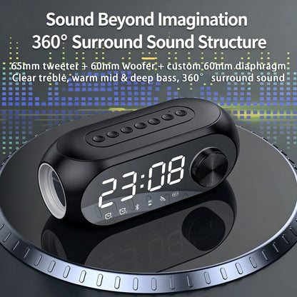Mirror-finish alarm clock with temperature display and wireless Bluetooth speaker