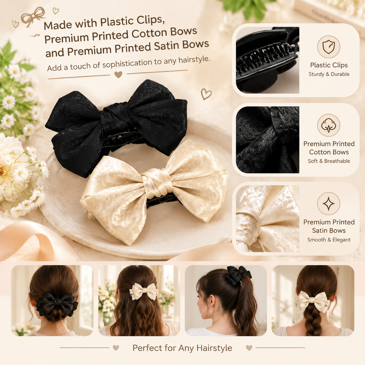 Women's & Girls' 2-Pack Lightweight Butterfly Bow Claw Hair Clips